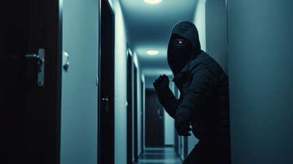 Masked Burglar Creeping in a Dark Hallway, Eerie Atmosphere of Crime and Danger - obrazy, fototapety, plakaty