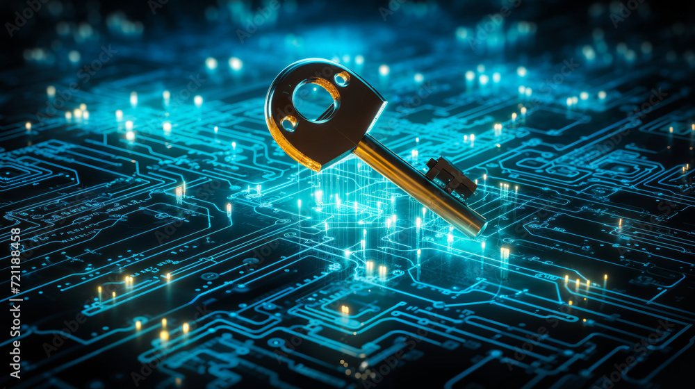 Poster futuristic digital cybersecurity concept with glowing key and binary data streams flowing in cybersp