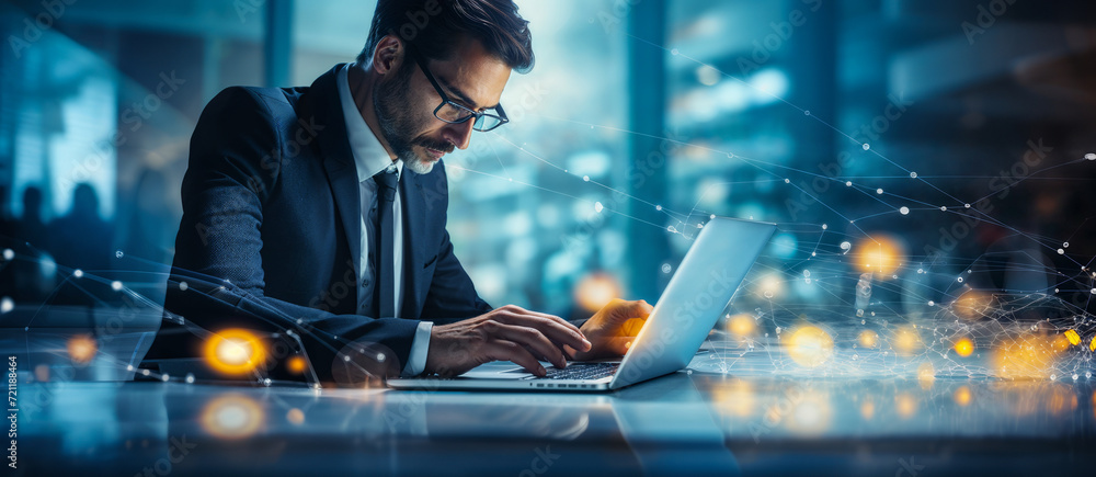 Poster businessman working on laptop synchronizing business data with global network, showcasing data trans