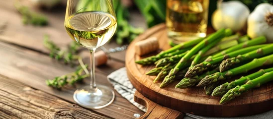 Abwaschbare Fototapete Elegant Asparagus and Wine on Wooden Table with Glass: A Perfect Trio of Asparagus, Wine, and Glass on a Stunning Wooden Table © AkuAku