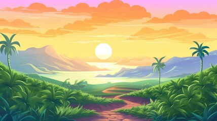 Fototapeta na wymiar cartoon illustration Paddy plantation, cascades farm in mount rocks with sun go down in beautiful orange cloudy sky