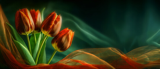 Tapeta w kwiaty, czerwone tulipany na ciemnym tle, puste miejsce  - obrazy, fototapety, plakaty