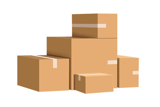 Cardboard boxes or parcel boxes stacked on top of each other on transparent background, cardboard box png