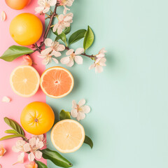 Oranges and lemons on a pastel background.