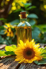 Rural still life - sunflower oil in a glass bottle with sunflower flowers