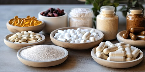  different supplements and pills are placed in various small bowls, Various dietary supplements for health and beauty, like collagen, vitamins, biotin, and protein, in pill and powder form