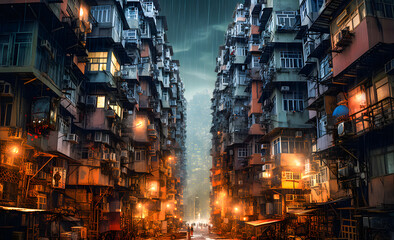Naklejka na ściany i meble densely populated apartment buildings in Hongkong, China. Hong Kong is the most densely populated of the five boroughs of Hong Kong.