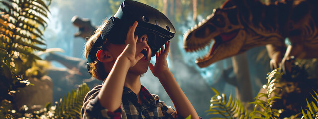 Fototapeta na wymiar a boy looks into virtual reality glasses against the background of dinosaurs.