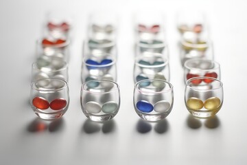 Top down view of medications arranged on glass surface for medical concepts and designs.