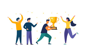 Vector illustration of people standing on the podium. The award ceremony, the prize for the best ball. The concept of teamwork. and achieving goals and rewards Business results