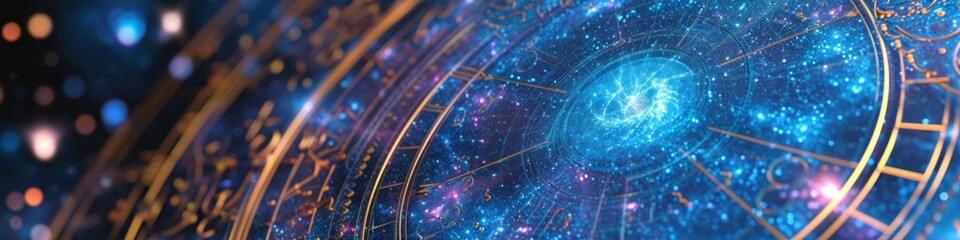Fototapeta premium Zodiac signs inside of horoscope circle. Astrology in sky with many stars horoscopes concept.