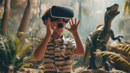 a boy looks into virtual reality glasses against the background of dinosaurs.