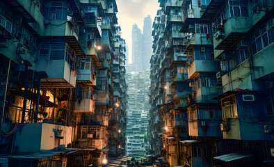 densely populated apartment buildings in Hongkong, China. Hong Kong is the most densely populated of the five boroughs of Hong Kong. - obrazy, fototapety, plakaty