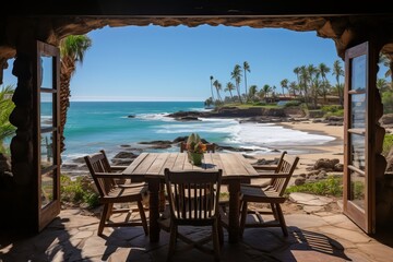 Fototapeta premium Tranquil ocean scene, capturing serenity and productivity by the water.