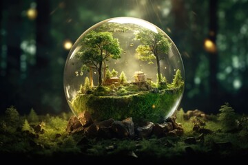 Obraz na płótnie Canvas Sustainable environment symbol: Crystal globe on moss.