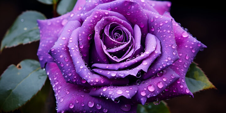 A rose petals with fresh water droplets, Macro image of a purple lilac rose with water drops on a dark background extreme , 