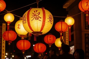 Close-up of Chinese red lantern at night. Chinese New Year concept.