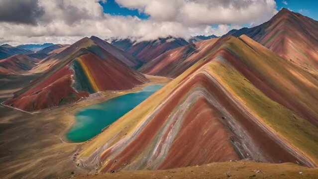  Drone Flying Towards Vinicunca Rainbow mountain in Peru.