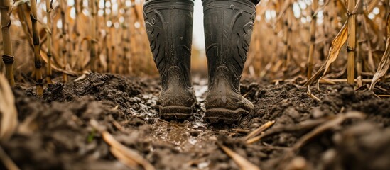 Farmer's rubber boots walking among maize stalks, viewed from a low angle.