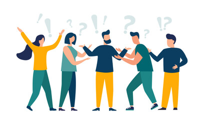 Obraz premium Vector illustration of people communicating in search of ideas, problem solving, use in web projects and applications. teamwork, brainstorming. Flat style isolated background