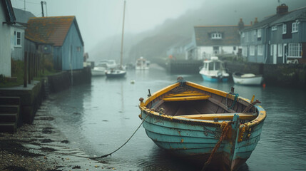 Fototapeta na wymiar Quaint coastal cottages with charming fishing boats in the foreground, surrounded by the misty ambiance of a foggy morning. 