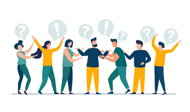 Vector illustration of people communicating in search of ideas, problem solving, use in web projects and applications. teamwork, brainstorming. Flat style isolated background