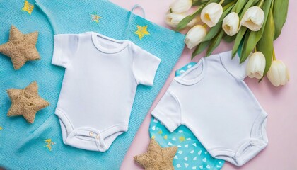 White Onesie, Romper or Bodysuit for Babies - Baby Twin Celebration Announcement or Product Placement - Mockup for Naming