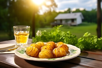 duchess potatoes with ice tea in the plate on the wooden table