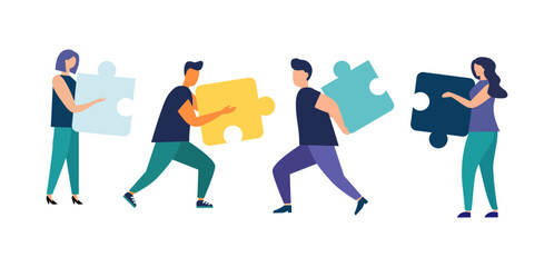 Business concept. People connect puzzle pieces. Team metaphor. Vector flat style symbol of teamwork, cooperation, partnership. isolated background eps 10