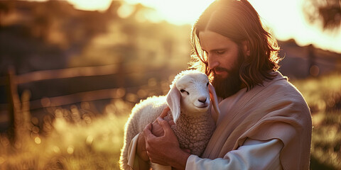 Jesus Christ son of God Bible Christian story, lamb, sheep, shepherd, generated ai - obrazy, fototapety, plakaty