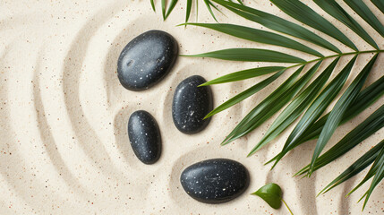 Obraz na płótnie Canvas Black stones and palm leaves on the sand for background. Spa background. Top view.