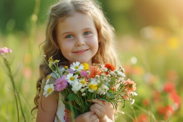 Fototapeta premium adorable little girl holding cheerful flowers, smiling sweetly, Generative AI