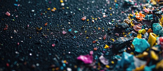 Macro photograph of non-recyclable microplastic particles on a dark background, symbolizing water pollution and global warming. - obrazy, fototapety, plakaty