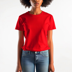 Red T-shirt Mockup, Black Woman, Girl, Female, Model, Wearing a Red Tee Shirt and Blue Jeans, Blank Shirt Template, White Background, Close-up View