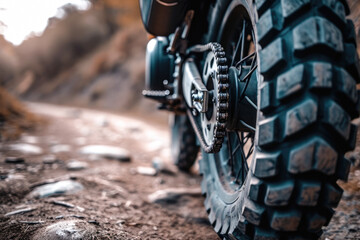 Close-up of the wheel of a motorbike on dirt road - obrazy, fototapety, plakaty