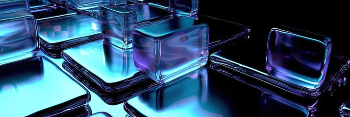3d abstract modern blue glass cubes on black background, geometric background, transparent cubes
