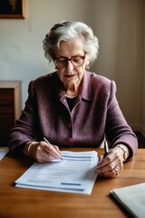 Senior woman holding paperwork , filling out forms, reading bills