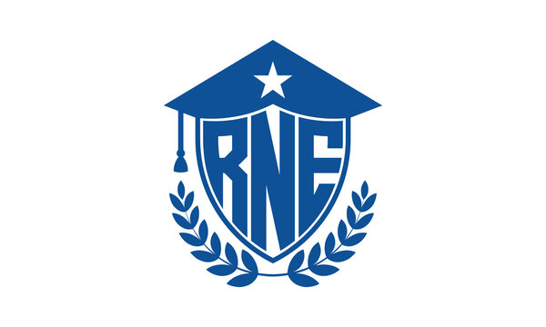RNE three letter iconic academic logo design vector template. monogram, abstract, school, college, university, graduation cap symbol logo, shield, model, institute, educational, coaching canter, tech