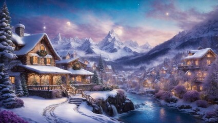 winter landscape with mountains and house