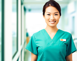 Fototapeta premium asian female nurse in hospital corridor, healthcare and medical concept