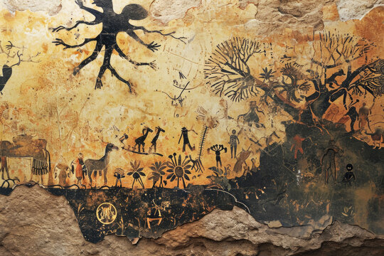 Ancient Greek painting on the wall of an ancient temple in Greece. An ancient cave painting shows how an artificial intelligence destroys all life on earth.