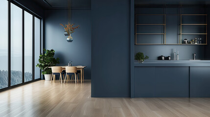 modern interior blue room, dark blue wall in kitchen and minimalist interior design