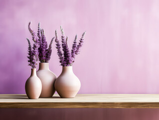 Lavender flowers in vases on wooden table against color wall. Background with whitespace. Ai...