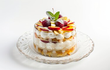 delicious sweet apple cake dessert with topping on white background, professional plating of luxury hotel food