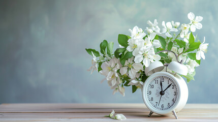 White alarm clock and a bouquet of white apple flowers