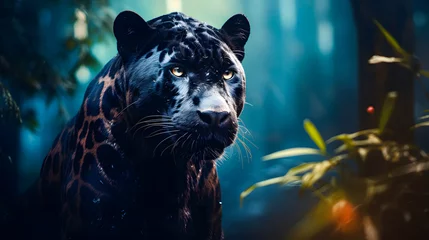 Fotobehang Black Panther Panthera Pardus in the forest background, black jaguar, jaguar panther wilderness nature © Iwankrwn