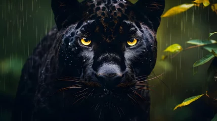 Zelfklevend Fotobehang Black Panther Panthera Pardus in the forest background, black jaguar, jaguar panther wilderness nature © Iwankrwn