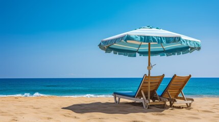 Beach chair with an umbrella on a tropical beach on a bright summer day. Summer vacation concept. Deck chair standing on a sandy coast. Sand beach with a chair composition. Travel and holidays.