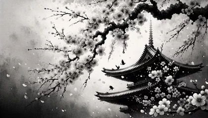 Kissenbezug Whispers of Spring: Cherry Blossoms and the Pagoda's Shadow by using Asian ink wash painting style © 동휘 김