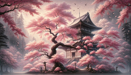 Whispers of Spring: Cherry Blossoms and the Pagoda's Shadow by using Asian ink wash painting style
